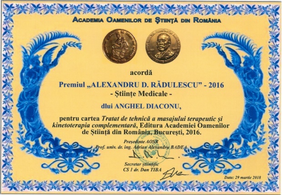 TRATATUL DE TEHICA MESAJULUI TERAPEUTIC ȘI KINETOTERAPIA COMPLEMENTARĂ - PREMIAT DE ACADEMIA OAMENILOR  DE ŞTIINŢĂ DIN ROMÂNIA